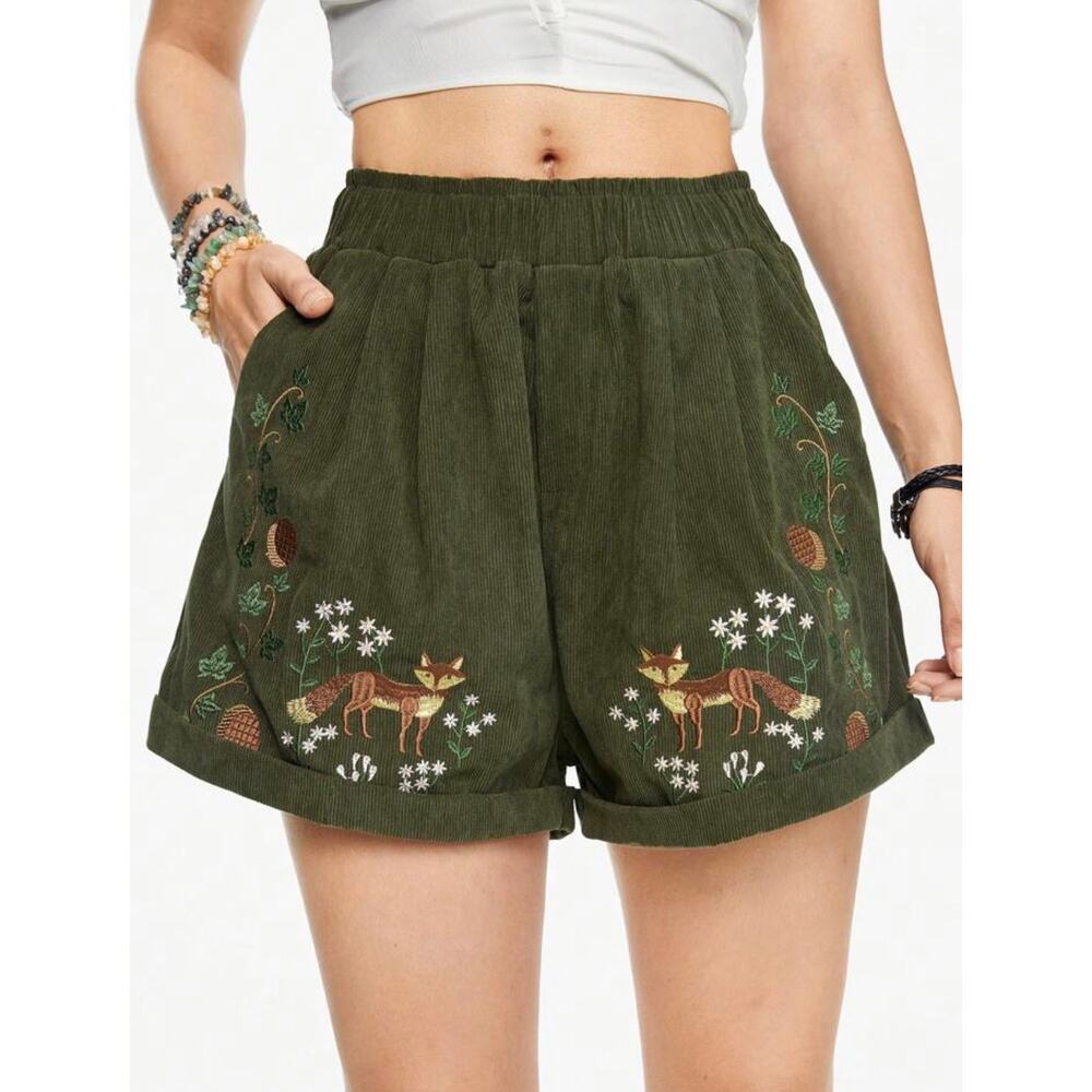 ROMWE Fairycore Green Corduroy Fox Embroidered Shorts Elastic Waist Medium 6 - Picture 14 of 14